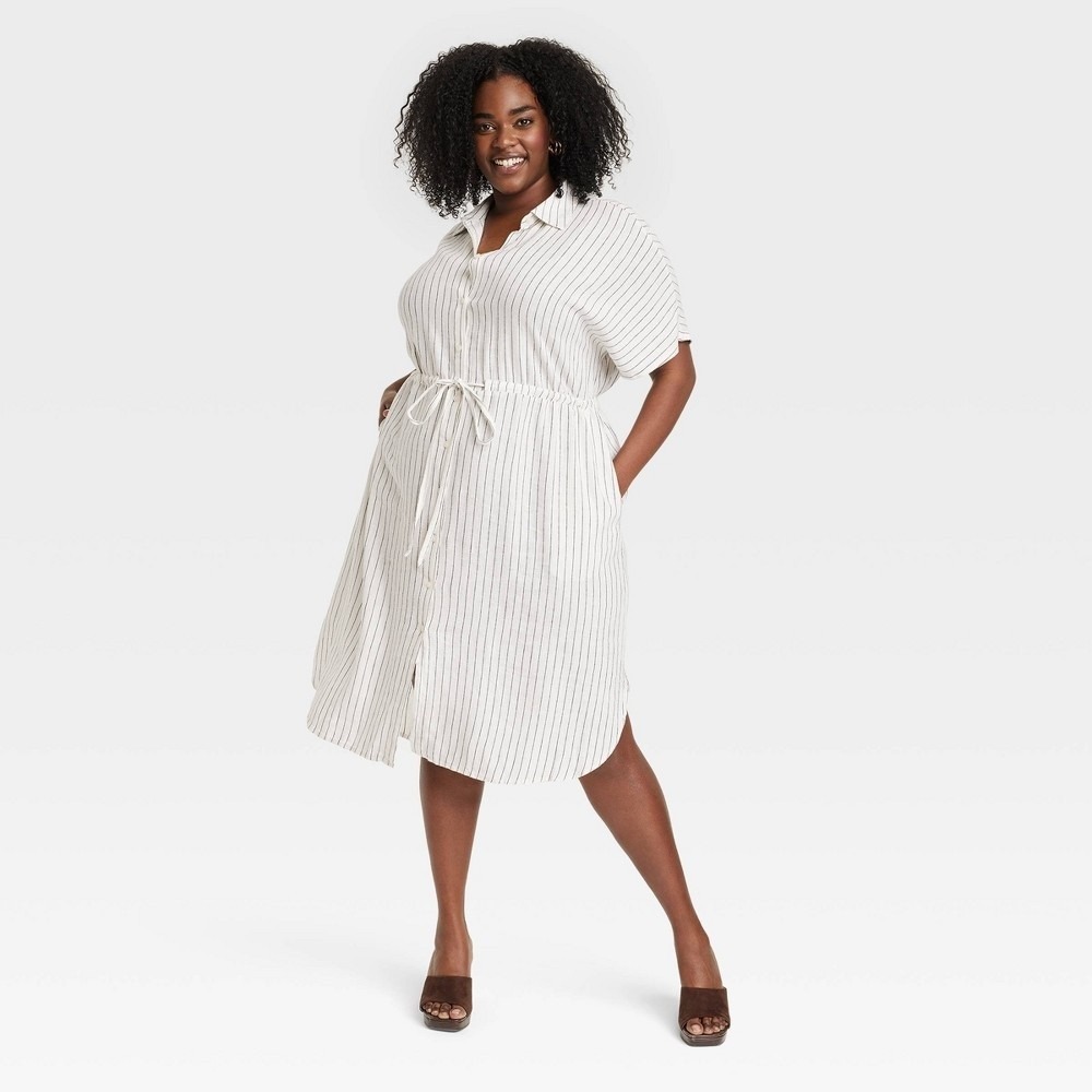Women's Linen Midi Shirtdress Cream Stripe XXL New With Tags